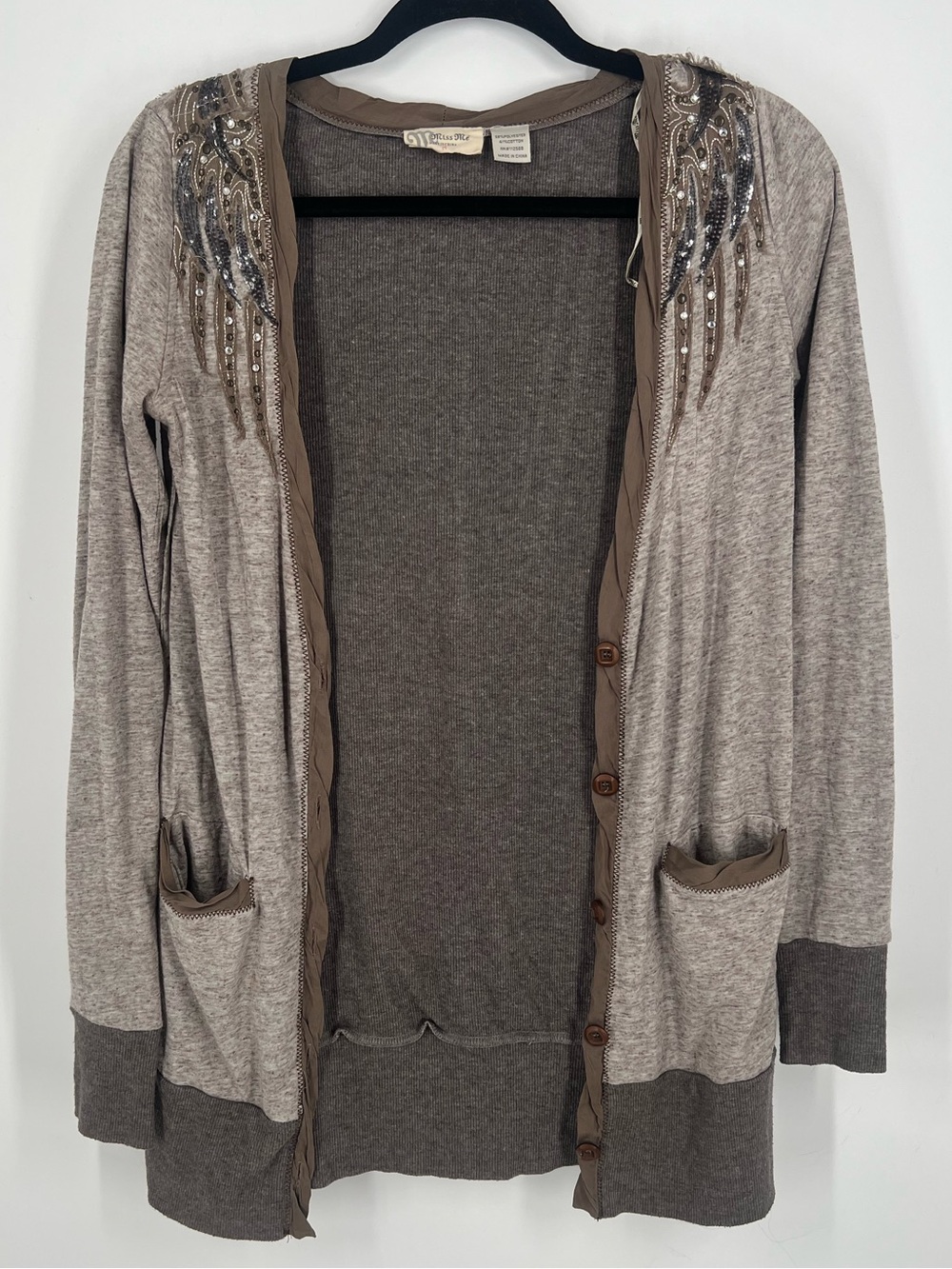 Miss Me Women’s Taupe & Gray Embellished Button-Front Cardigan Size Med